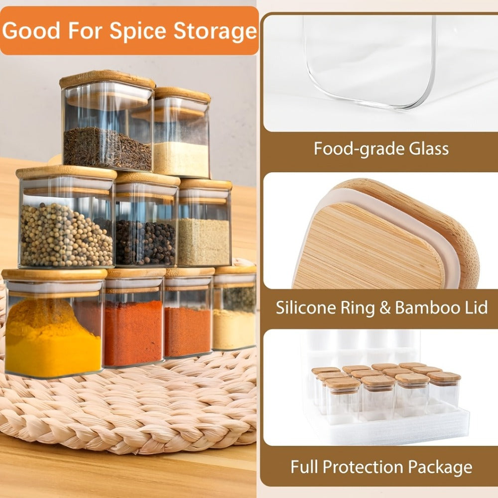 Spice Glass Jars Set with Labels 12pcs, Square Glass Spice Jars with Bamboo Lids, Sticker Labels, 5oz 7oz 9oz Food Storage Containers