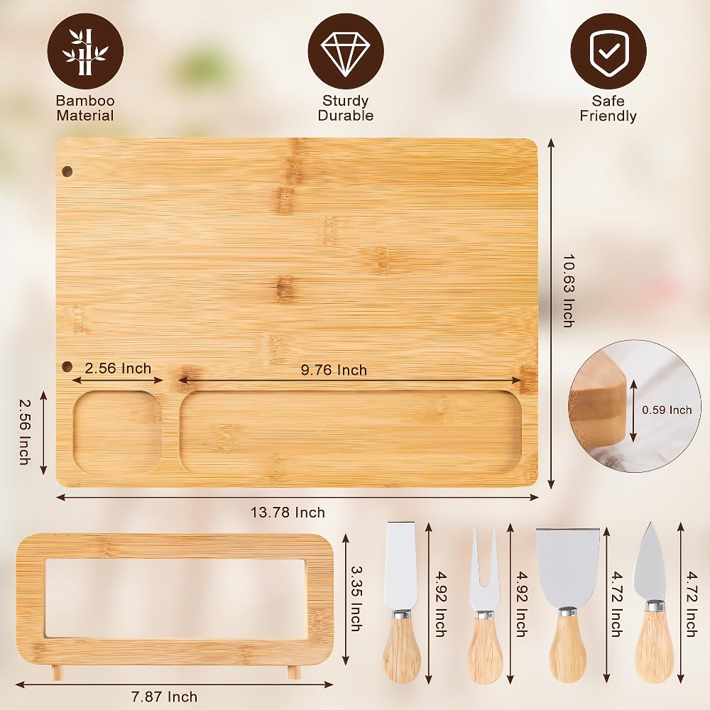 Charcuterie Board Set with Knives Large Bamboo Cheese Board Meat Platter Appetizer Tray with 4 Stainless Steel Knives Perfect for Party Wedding Christmas Birthday Gift
