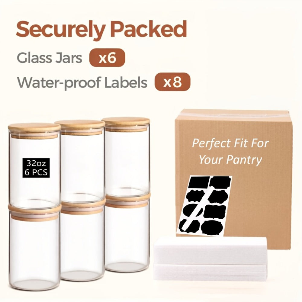 Glass Food Storage Containers Set of 6 with Bamboo Lids & Labels, 32oz Airtight Clear Glass Jars for Pantry Kitchen ¨C Flour Sugar Tea Coffee Spice Herbs