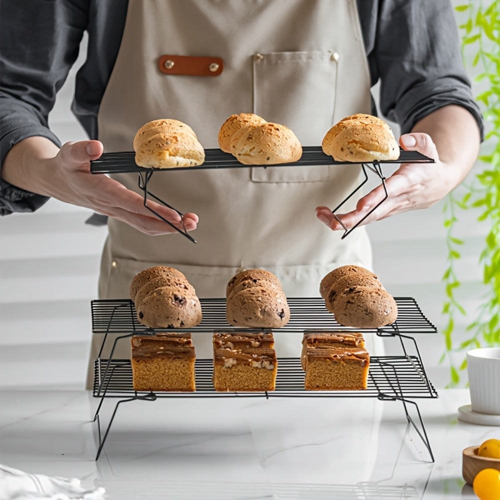Foldable Cooling Rack Set ¨C Stackable Oven Cookie Cake Drying Rack with Free Baking Tools (Silicone Spatula, Egg Beater, Tongs, Brush) | 3/4/5 Tier Options for Kitchen, Camping & Holiday Baking