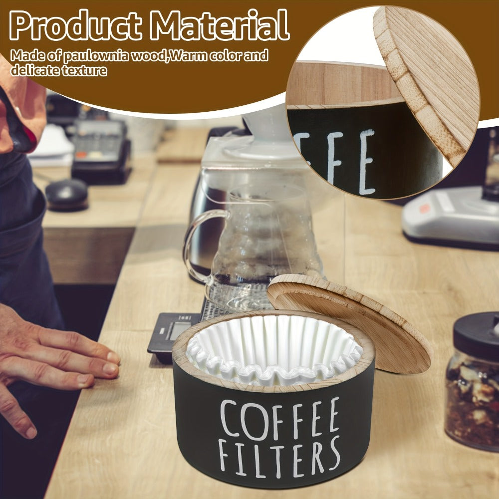 Wooden Coffee Filter Holder with Lid ¨C Large Capacity Rustic Round Organizer Dispenser for Coffee Filters & Tea Bags, Bamboo Lid, Kitchen Countertop Coffee Bar Decor
