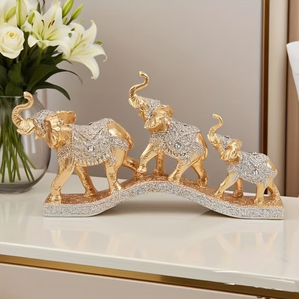 Golden Elephant Figurine Set of 3 - Lucky Elephant Statue Home Decor, Resin Elephant Family Sculpture for Living Room TV Cabinet Office Desktop, Wealth Attracting Housewarming Gift, 14 Inch