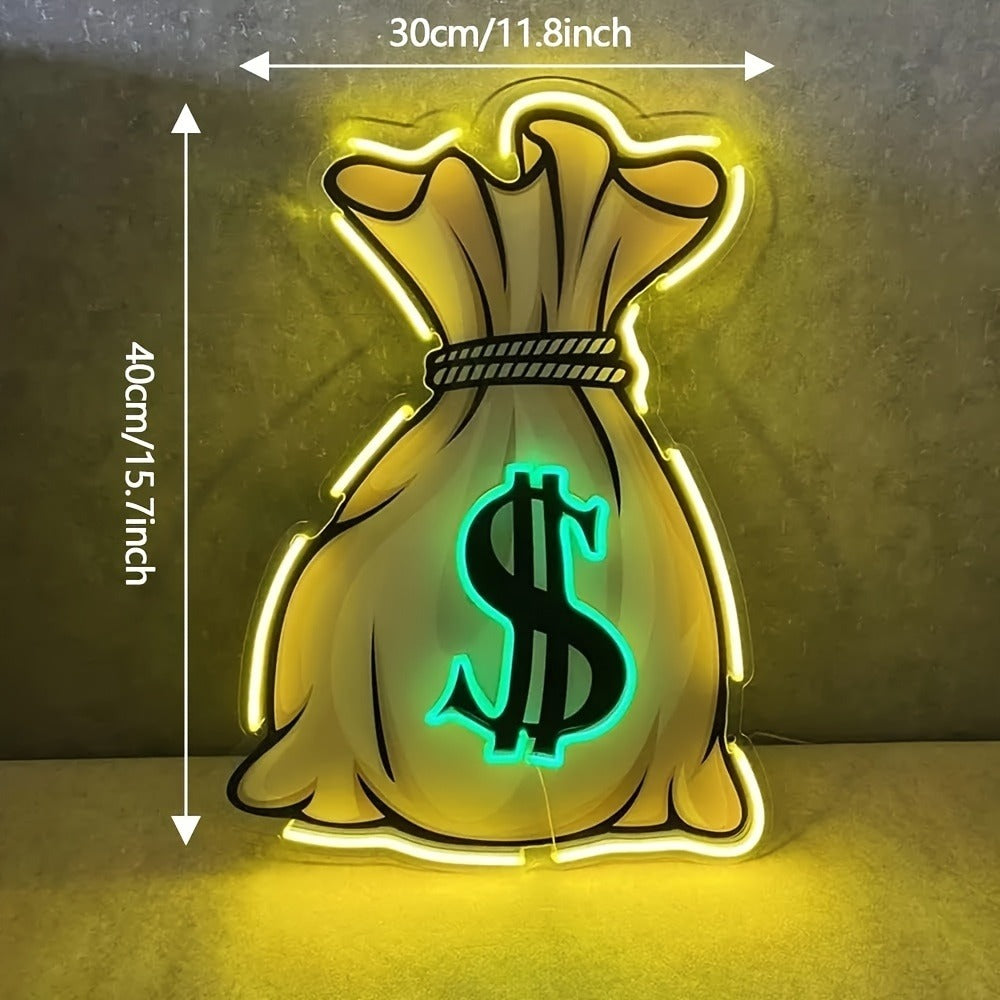 Neon Sign Money Bag LED Wall Light USB Powered Man Cave Bar Room Decor 15.75x11.81 Inch Bright Neon Light Sign for Bedroom Game Room Office Wall Decoration