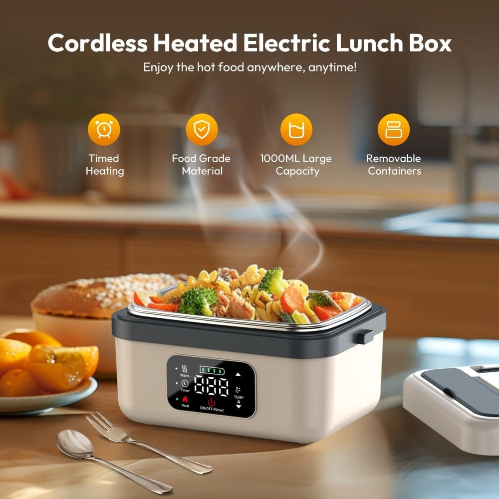 Self Heating Lunch Box Battery Powered 8000mAh - 60W Portable Electric Food Warmer with Smart Timer 1 Liter Stainless Steel Inner Container for Home Car Office and Truck, Leak Proof with Fork Spoon and Carry Bag, Gift for Men and Women