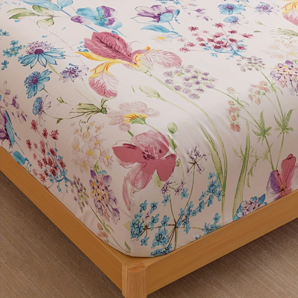 Floral Bedding Set 4-Piece ¨C 1 Fitted Sheet + 1 Flat Sheet + 2 Pillowcases | Soft Breathable Polyester | All-Season Flower Print Bed Sheet Set | Machine Washable | Twin Full Queen King