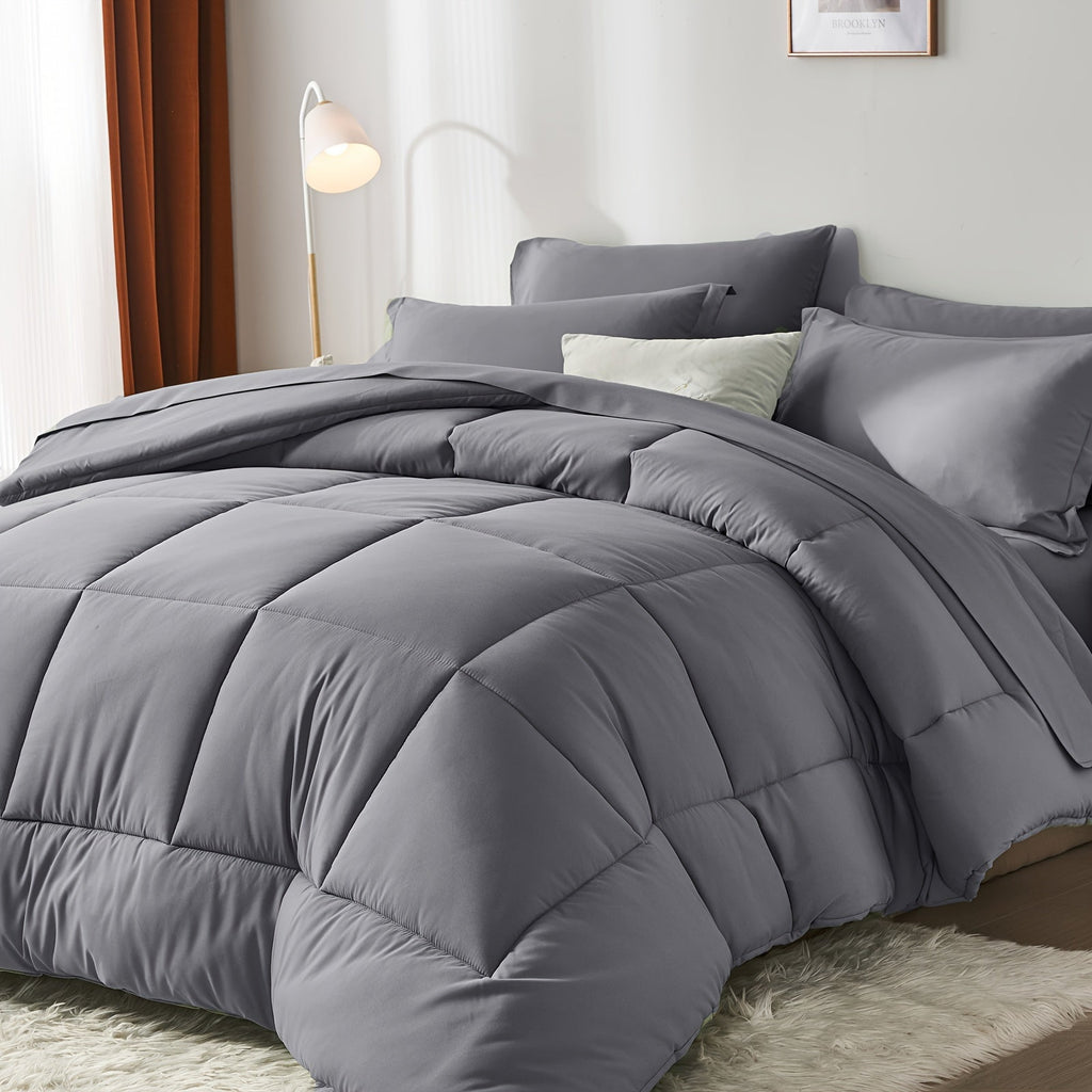 Comforter Set Soft Breathable Microfiber Bed in a Bag with Fitted Sheet Flat Sheet Pillowcases & Shams ¨C All Season Fluffy Checkered Bedding Set Twin Full Queen King