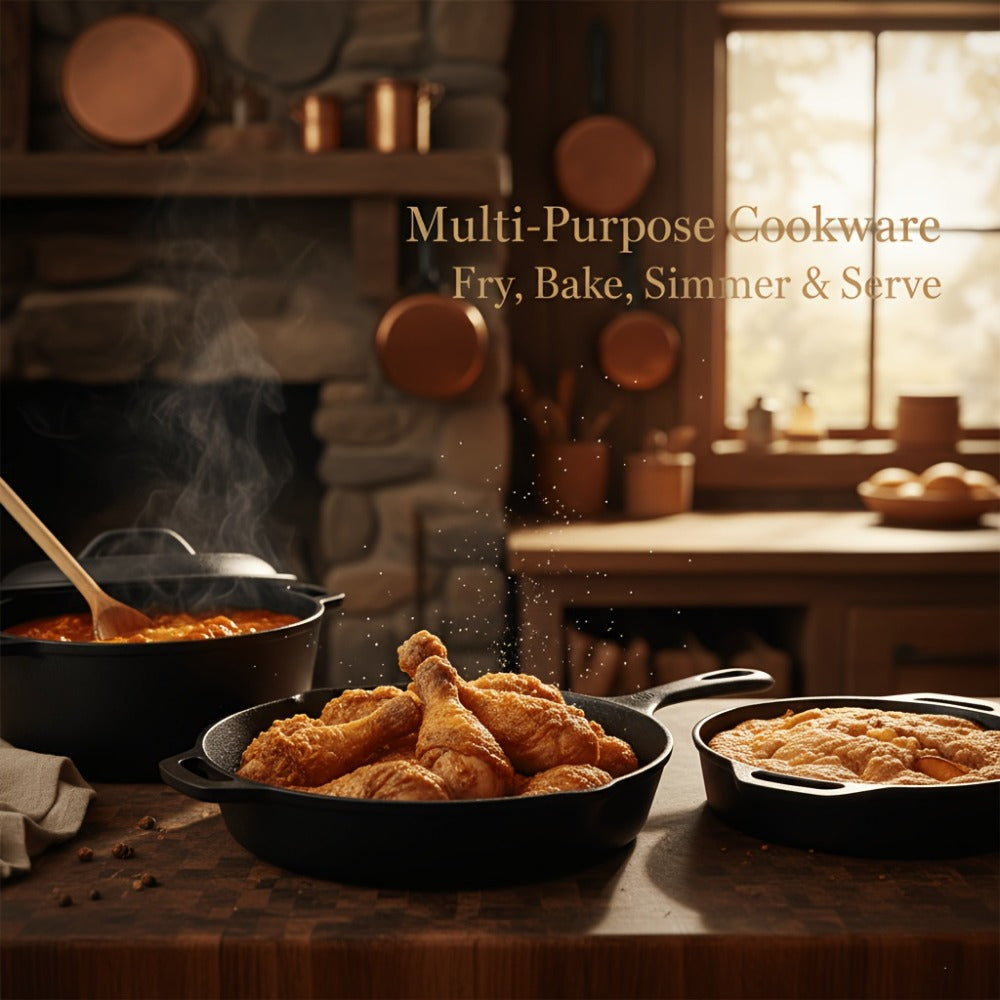 Cast Iron Cookware Set for Kitchen Camping BBQ - Non-Stick Skillet Dutch Pot Frying Pan Baking Tray Griddle Options, Oven Safe Stovetop Campfire Cookware for Home RV Holiday Cooking Multiple Set Choices