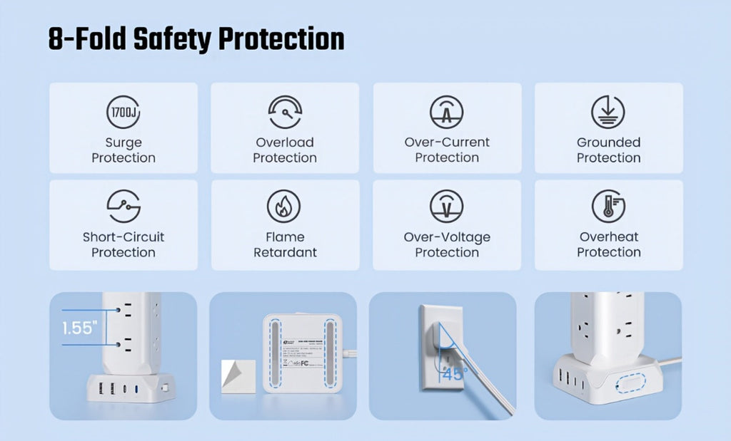 Power Strip Tower 16-in-1 Surge Protector 12 AC Outlets 4 USB Ports USB-C PD20W 1800J Protection Desktop Charging Station 10ft or 15ft Extension Cord for Office School Dorm White