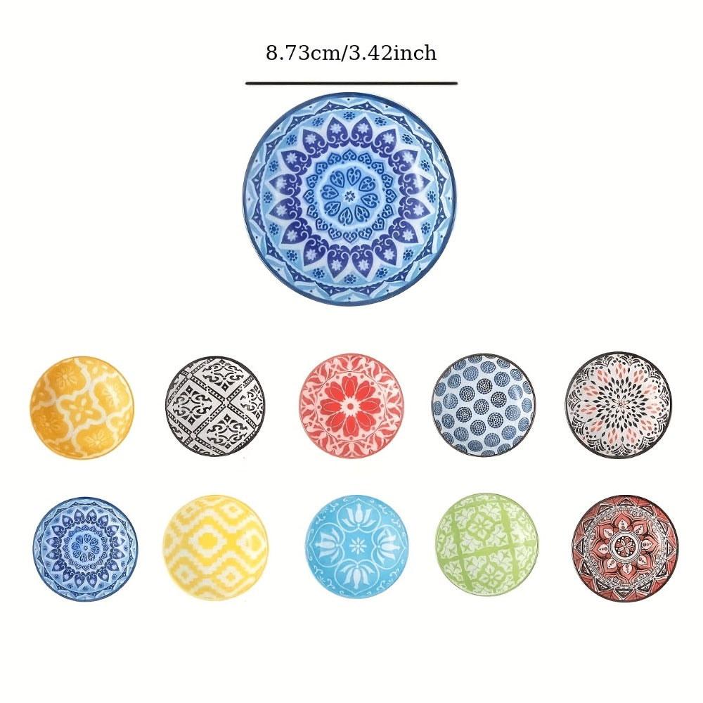 Ceramic Condiment Dish Set of 10 ¨C Bohemian Small Saucer Dipping Bowls for Soy Sauce, Vinegar & Spices | Kitchen, Restaurant, Party, BBQ & Picnic Use | Machine Washable