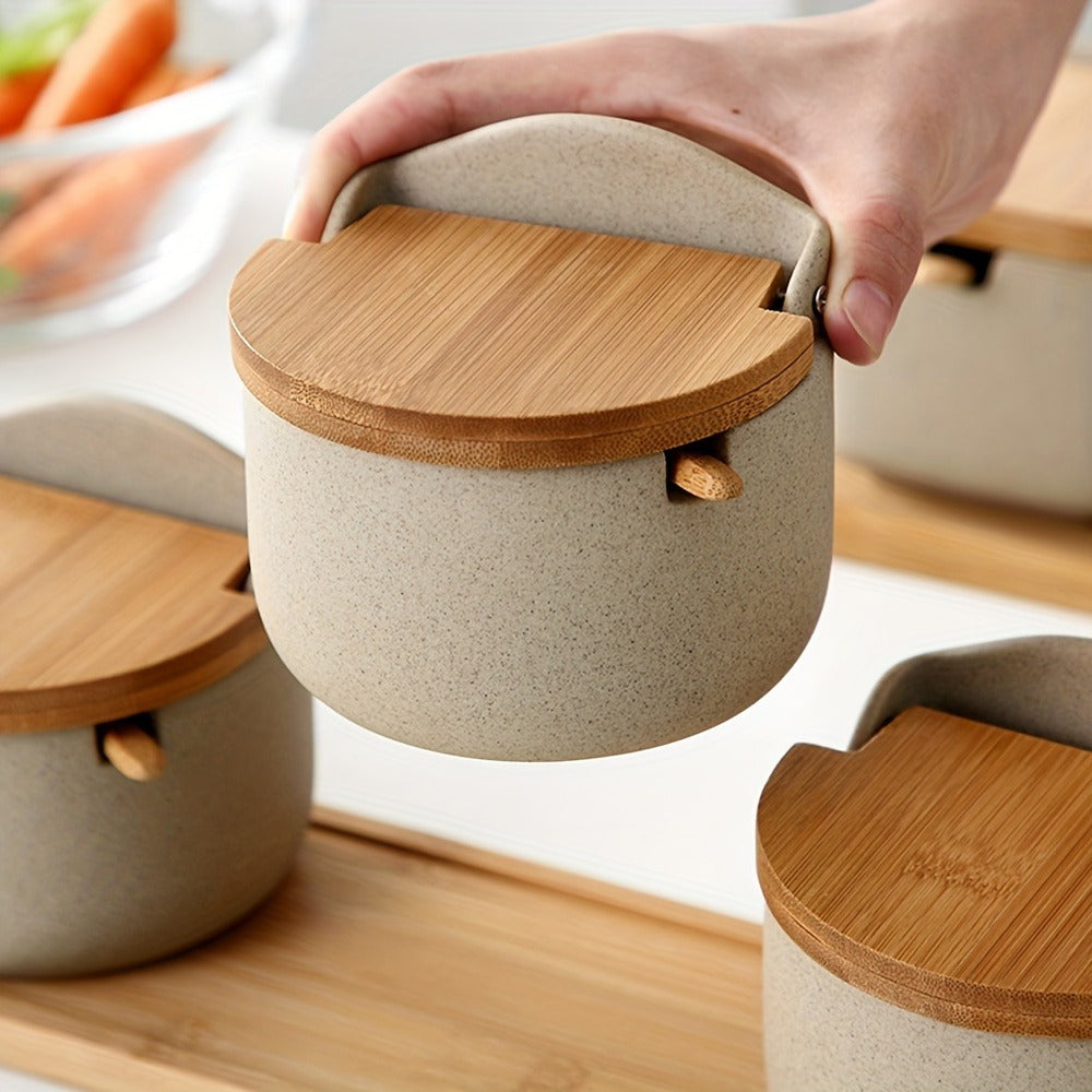 Ceramic Seasoning Pot Set with Lid & Spoon ¨C Salt Pepper Spice Jar Container with Tray Kitchen Condiment Storage Organizer for Counter Cooking Accessories Housewarming Gift