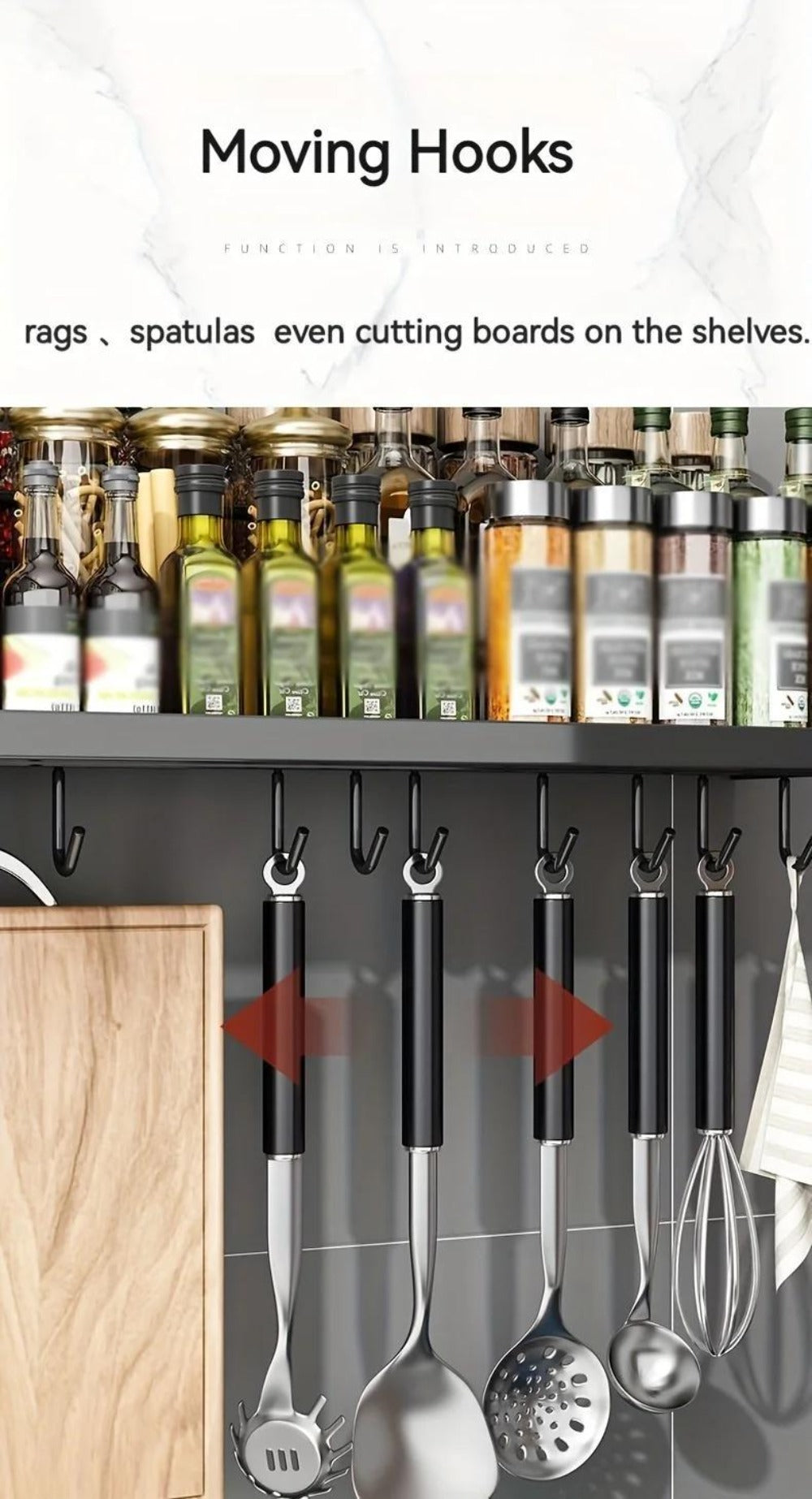Kitchen Wall Mounted Storage Rack Double Layer ¨C No-Drill Organizer with Knife Slots, Chopstick Holder & Towel Bar, Space-Saving Floating Shelf for Kitchen Counter, 19.69 Inch (Black)
