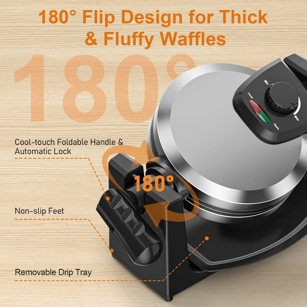 Rotating Belgian Waffle Maker 180¡ã Flip Waffle Iron - Non-Stick Plates, Adjustable Browning Control, Foldable Cool-Touch Handle, Removable Drip Tray, Space-Saving Stainless Steel Design for Home Brunch