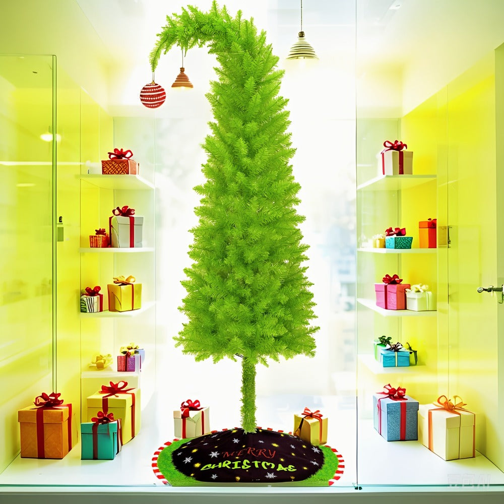 6 Foot Artificial Christmas Tree with Lights Tree Skirt and Christmas Ball Bendable Xmas Tree Stand Indoor Holiday Window Display Decoration
