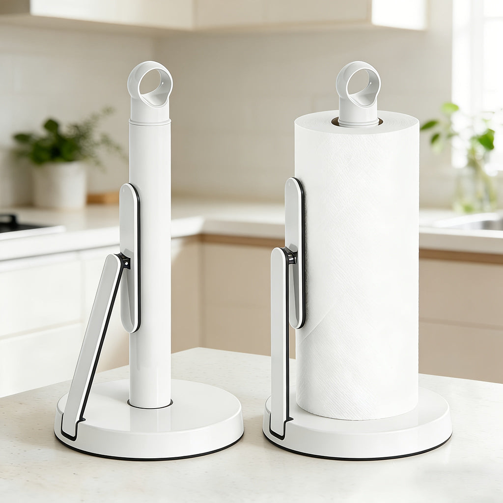 Paper Towel Holder Countertop - Stainless Steel Standing Dispenser with Tension Arm for One-Handed Tear, Modern Kitchen Roll Holder in Silver White Gold Black