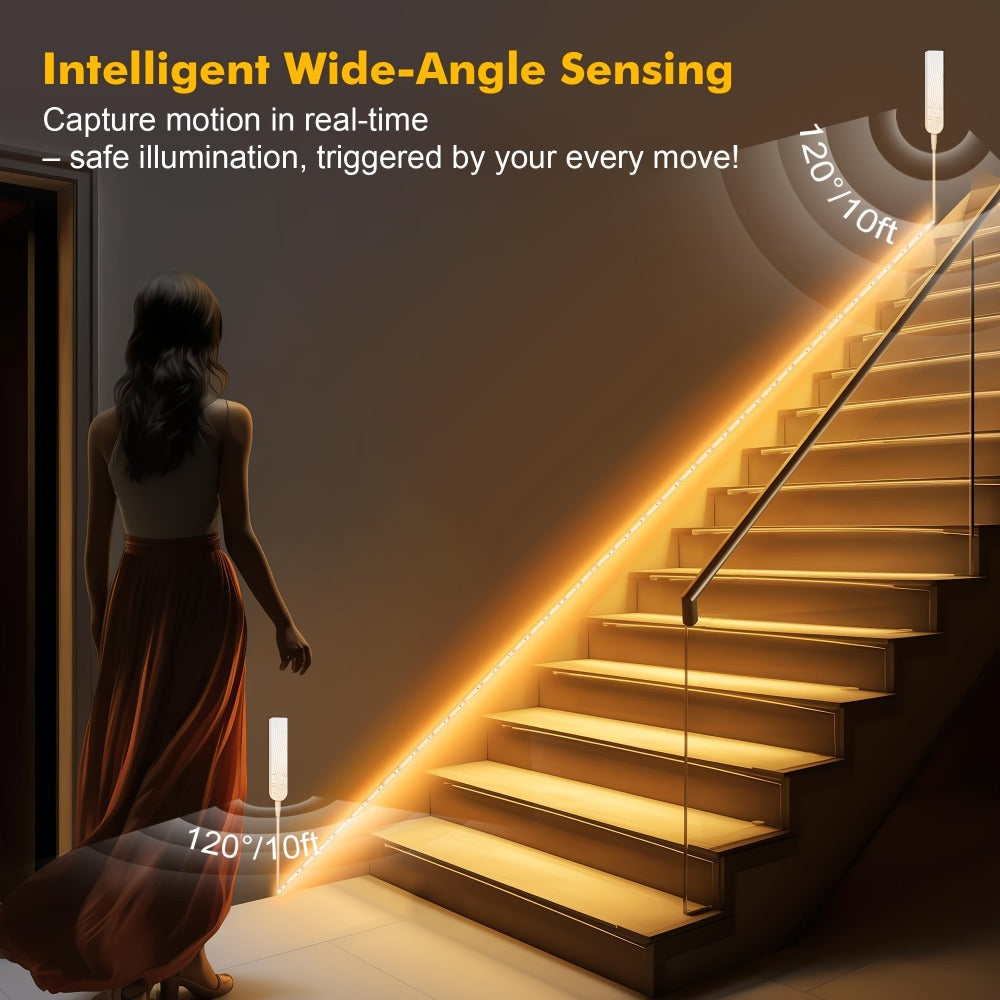 Motion Sensor LED Stair Light Strip 16.4Ft Battery Powered | Rechargeable 2200mAh Auto Motion Activated Indoor Lighting for Staircase, Closet, Pantry, Kitchen & Hallway, Flexible Adhesive LED Strip