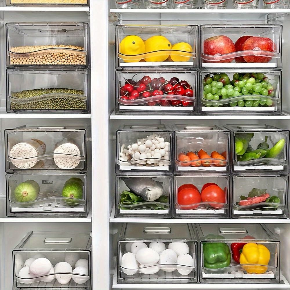 Stackable Fridge Organizer Bins with Drawer, BPA-Free Refrigerator Storage Containers with Drain Board & Ventilation, Clear Food Storage Bins for Kitchen Pantry Freezer, Set of 2