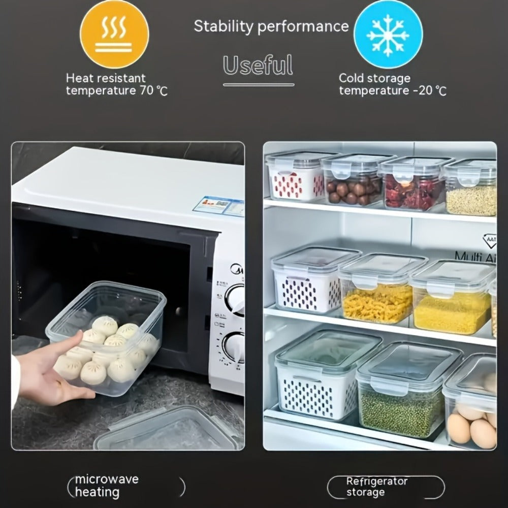 Food Storage Containers Set 6pcs BPA Free Plastic with Drain Baskets and Lids Leak Proof Freezer Safe Reusable for Fruits Vegetables Meal Prep Kitchen Organizer