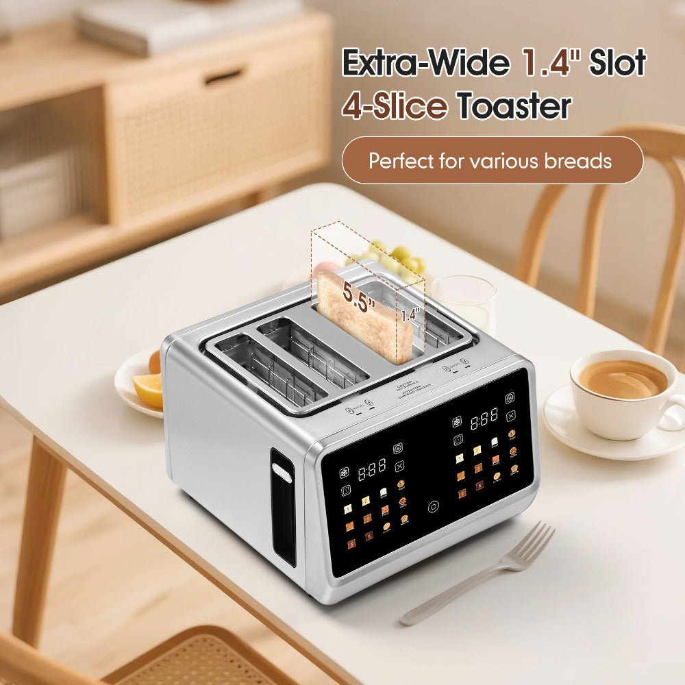 4-Slice Digital Smart Toaster with Touchscreen | Dual Control Panel, Single Slot Toasting, Timer, Reheat & Defrost Functions for Bagels, Bread & Waffles ¨C Stainless Steel Kitchen Essential