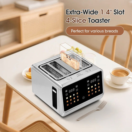 4-Slice Digital Smart Toaster with Touchscreen | Dual Control Panel, Single Slot Toasting, Timer, Reheat & Defrost Functions for Bagels, Bread & Waffles ¨C Stainless Steel Kitchen Essential