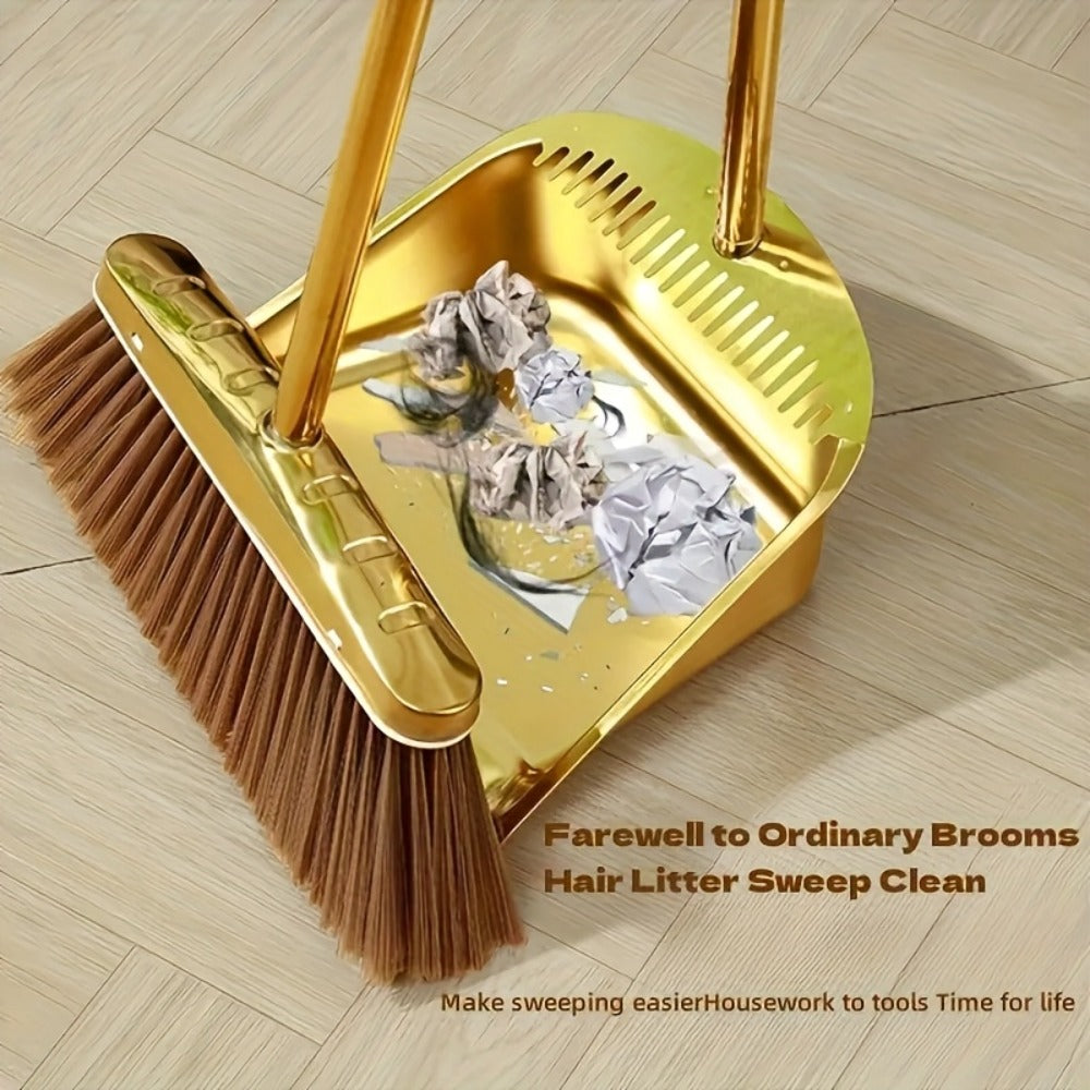 Broom and Dustpan Set Premium Golden Stainless Steel Extra Long Handle Microfiber Bristles V-Shape Leakproof Dustpan Heavy Duty Indoor Outdoor Sweeper for Kitchen Patio Hardwood Tile Floor