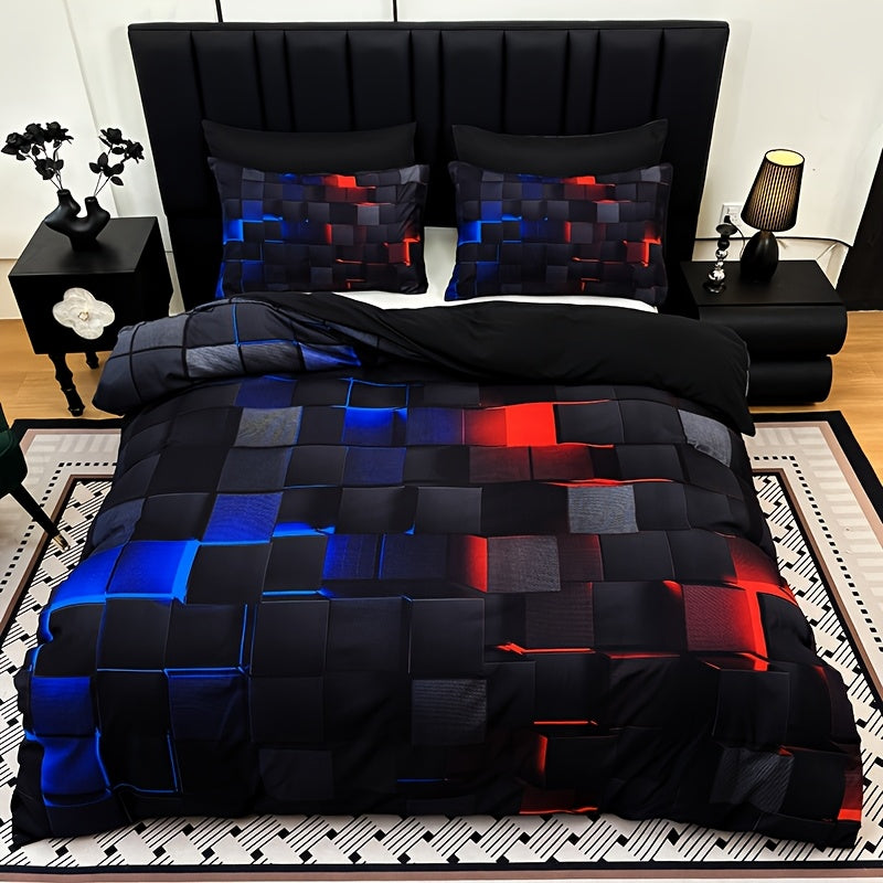 Duvet Cover Set 3 Piece Plaid Digital Print Polyester Bedding All Season Twin Full Queen King Size with Pillowcases Purple Blue Red