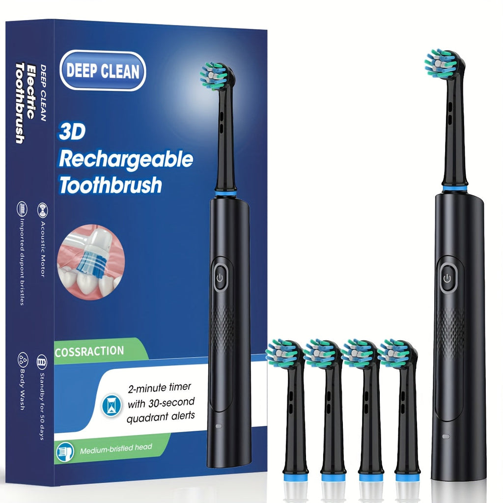 Electric Toothbrush with Smart Timer ¨C Sonic Whitening, 3D Round Soft Bristle Head, IPX67 Waterproof, USB Rechargeable, 4 or 8 Brush Heads, Black White Pink for Adults, Couples & Families