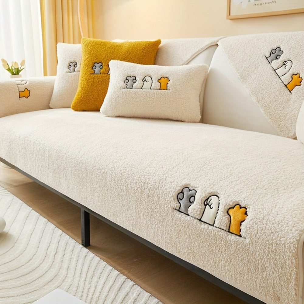Plush Shearling Sofa Cover Non-Slip Pet-Friendly Couch Protector Animal Bone Embroidery Soft Warm for Living Room Bedroom Office 2 3 4 Seater
