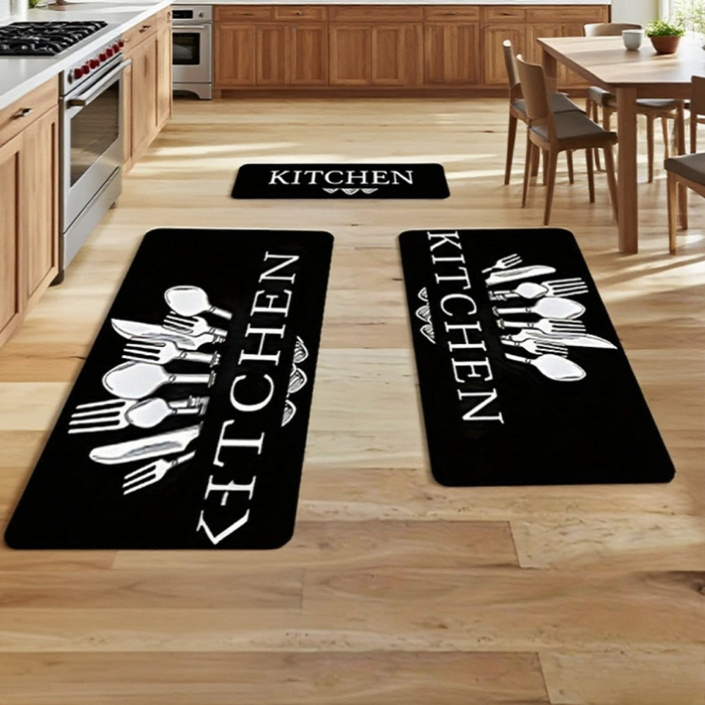 Kitchen Mat Set 3-Piece Alphabet Knife & Fork Pattern ¨C Non-Slip Soft Washable Rugs for Kitchen, Dining Room & Bathroom