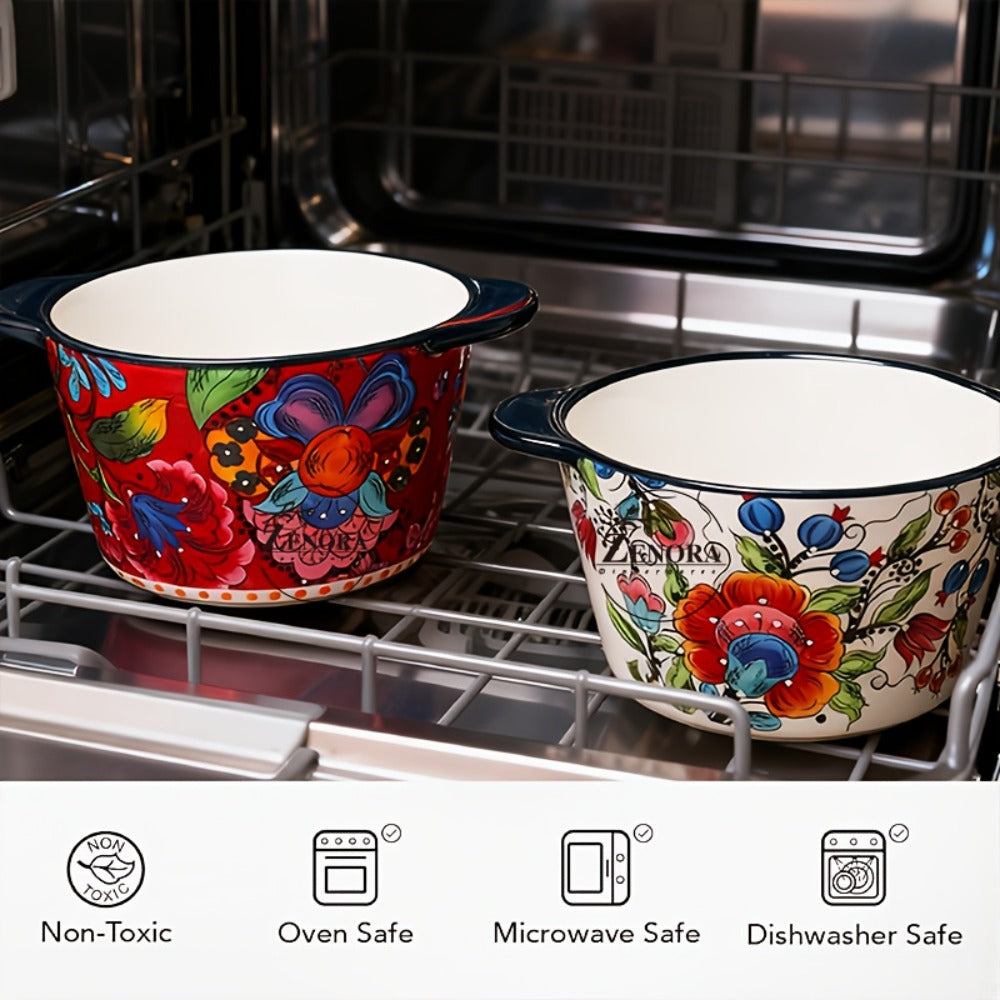 Giant Ceramic Extra-Deep Serving Bowl With Handles, 101oz, Bohemian Hand-Painted, Chip-Resistant, Microwave Dishwasher Oven Safe, Soup Salad Ice Cream Bowl, Family Kitchen Serving Set, Wedding Gift (2pcs)