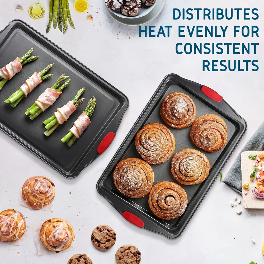 Nonstick Baking Pan Set of 3, Carbon Steel Baking Sheets with Red Silicone Handles, Double-Sided Non-Stick Coating, Oven & Toaster Safe, Professional Bakeware for Home & Commercial Kitchen Use