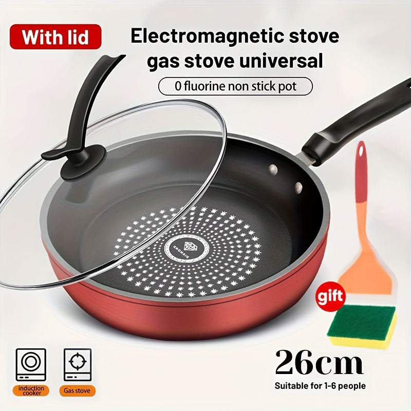 Nonstick Frying Pan with Lid 9.45 10.24 11.02 Inch Cast Iron Style Flat Bottom Skillet Stainless Steel Handle Smoke-Free Lightweight Cookware for All Stovetops Fried Eggs Steak Pancakes