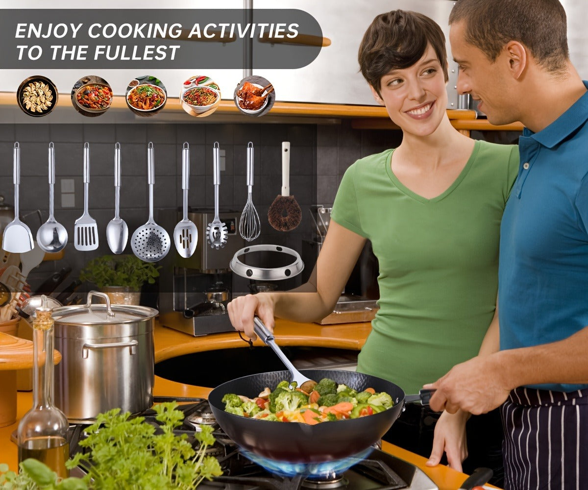 Carbon Steel Wok Pan 12.6 Inch with Lid & 10 Accessories ¨C Uncoated Chinese Stir Fry Wok, Flat Bottom for Electric Induction Gas Stoves, 11-Piece Cookware Set
