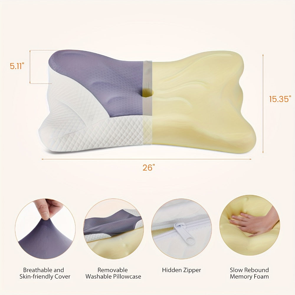 Memory Foam Cervical Pillow Ergonomic Contour Neck Support Orthopedic Bed Pillow for Side Back Stomach Sleepers with Cooling Pillowcase Queen King