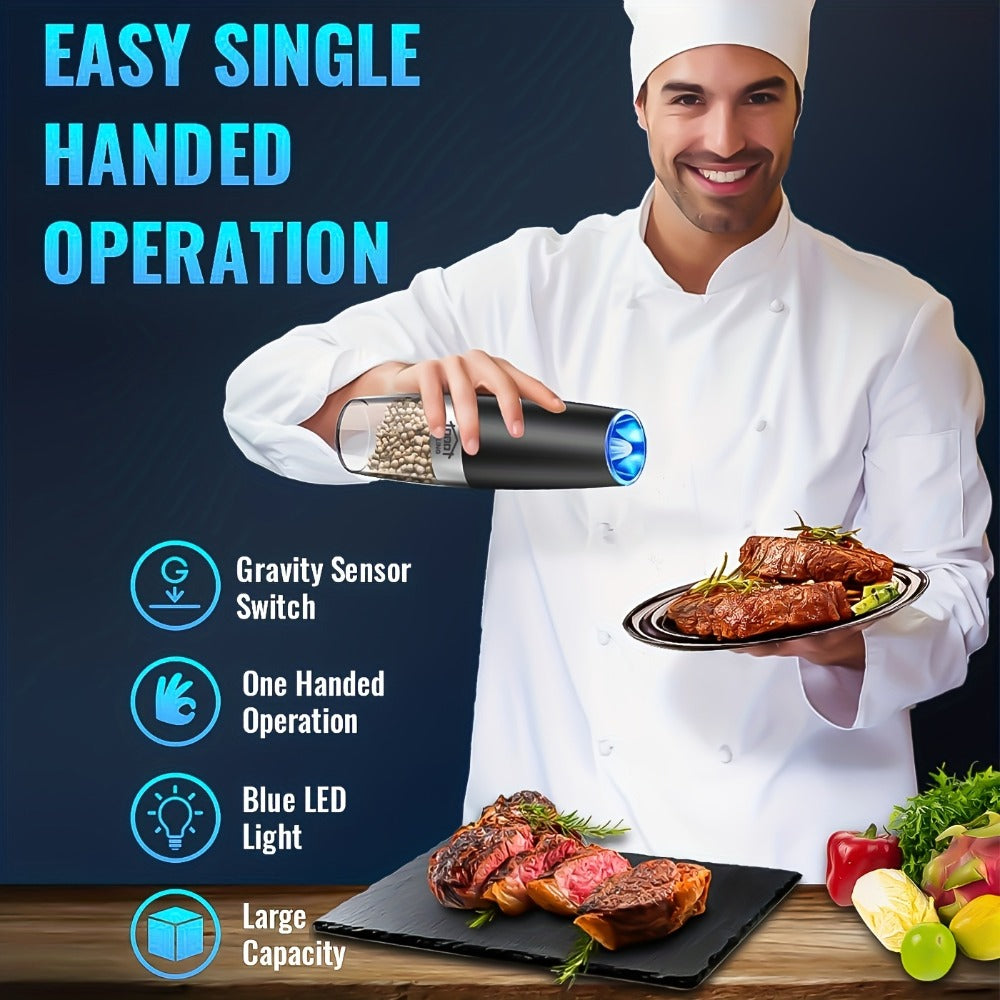 Electric Salt and Pepper Grinder Set 2PCS ¨C Battery-Powered, LED Light, One-Handed Automatic Operation, Adjustable Coarseness