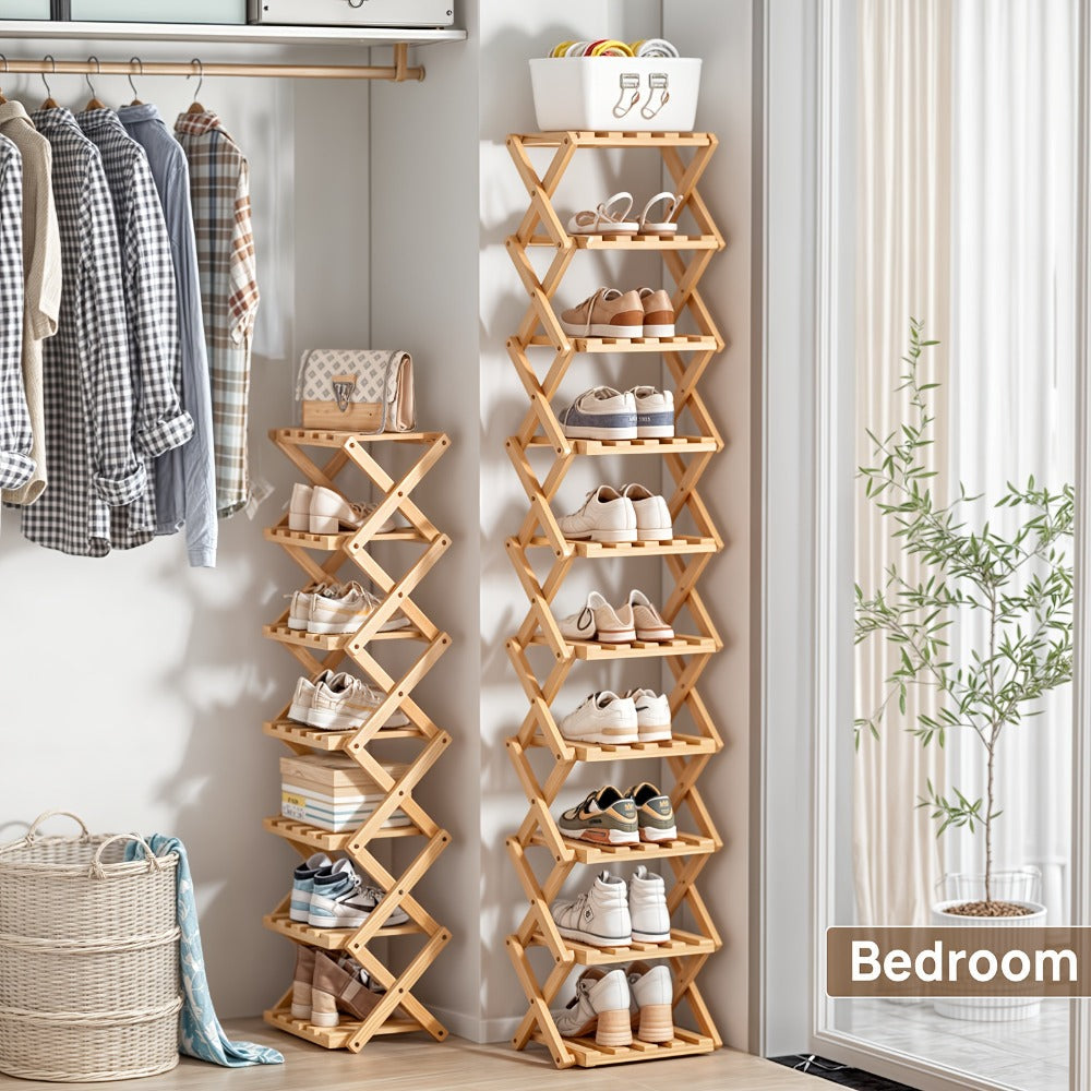 Bamboo Shoe Rack Foldable Multi-Tier ¨C Space-Saving Shoe Storage Shelf, Easy Assembly Standalone Organizer for Entryway, Hallway, Bedroom, Bathroom & Office ¨C 6 or 8 Tier Options