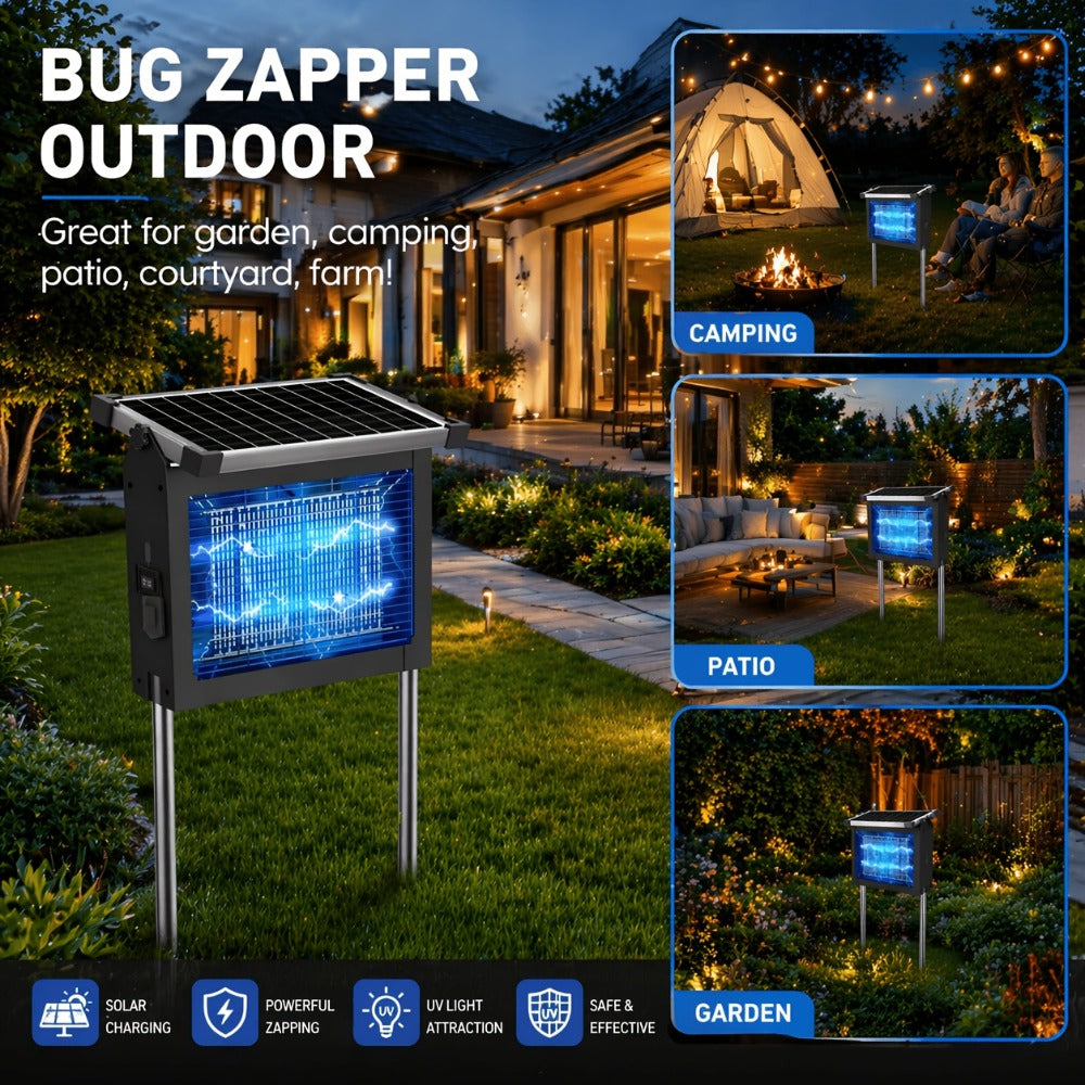 Solar Bug Zapper Outdoor 4200V ¨C Solar Powered Mosquito Killer with Auto/Manual Dual Mode, 2100 Sq.Ft Coverage, 12H Runtime, 3-Way Charging, 10FT Cord, Safe for Family & Pets, for Patio, Garden & Camping
