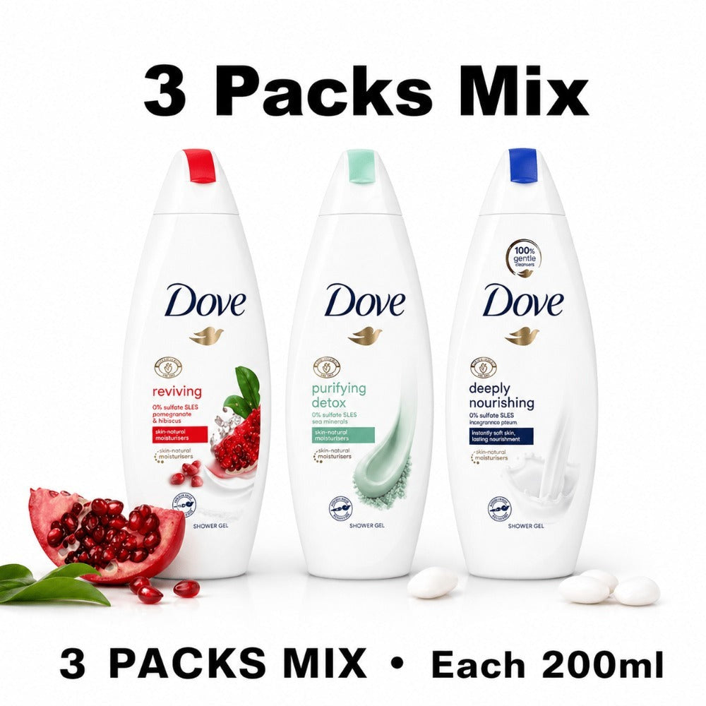 Dove Body Wash 3 Pack 200ml ¨C Moisturizing Gentle Cleanser Mix Pack, Soap-Free Dermatologist Recommended Daily Shower Gel for Soft Nourished Skin, Travel Size 6.7 fl oz