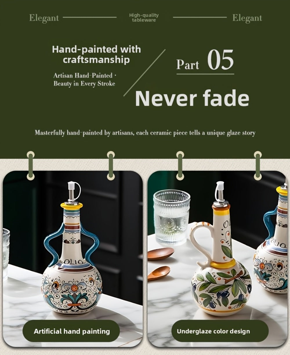 Ceramic Oil and Vinegar Dispenser Set Hand-Painted Underglaze Anti-Drip Leak-Proof Kitchen Oil Bottle with Oil Spout and Foot Pad Olive Green Lemon Yellow