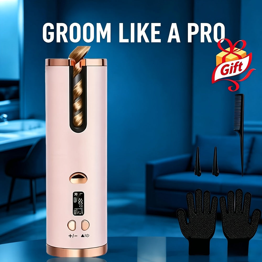 Cordless Curling Iron 1 Inch USB Rechargeable, Automatic Rotating Ceramic Curling Wand with 6 Heat Settings LCD Display, Scald-Free Detangle Hair Curler for All Hair Types Wet Dry Styling