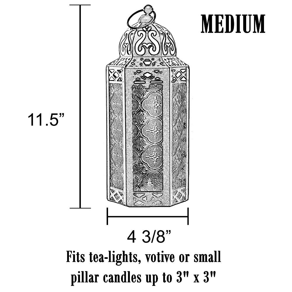 Moroccan Candle Lantern Holder - Decorative Metal & Glass Lantern with Embossed Floral Design for Indoor Home Decor, Garden, Patio, Weddings, Ramadan, Halloween & Holiday Celebrations - 10.5¡± Tall Medium Size