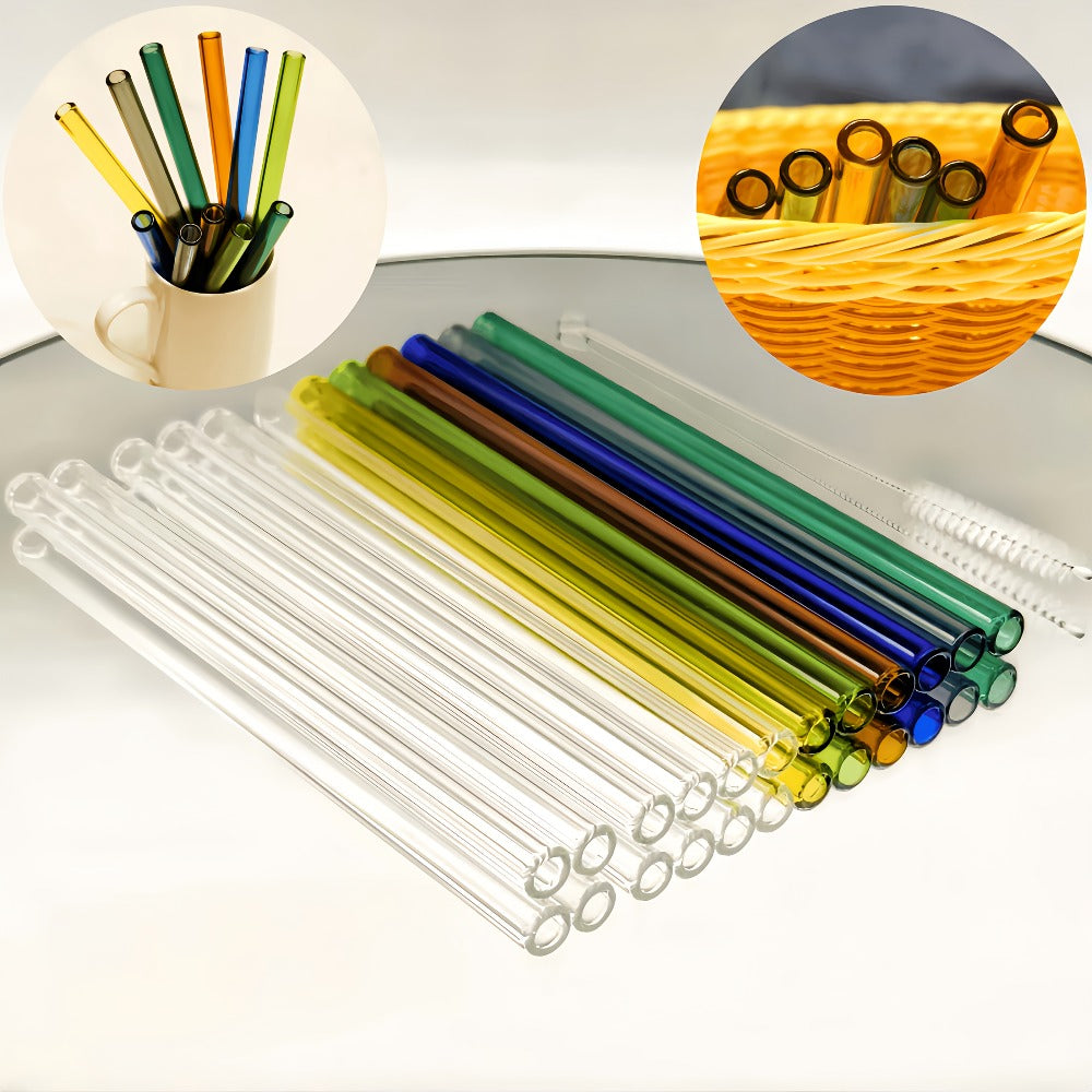 Glass Straws Reusable 12 Pack with Cleaning Brushes - Borosilicate Glass Drinking Straws 6 or 8 Inch, Clear & Colorful, Thick 12mm, Dishwasher Safe for Smoothies, Juice, Coffee & Cocktails