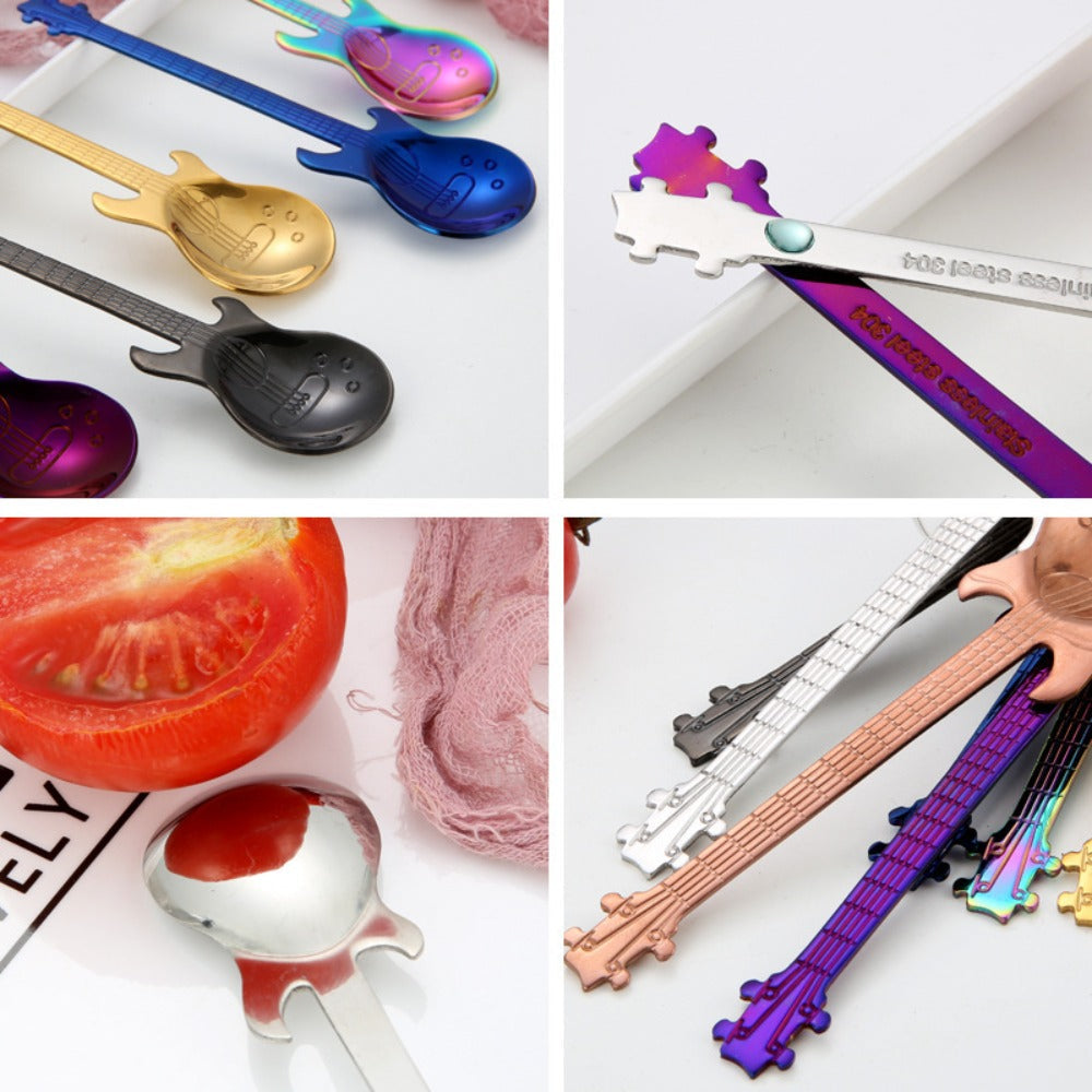 Guitar Shaped Spoons Set of 6 304 Stainless Steel Creative Teaspoons for Coffee Milk Tea Ice Cream Dessert - Colorful Novelty Cutlery Gift Set 7 Random Colors