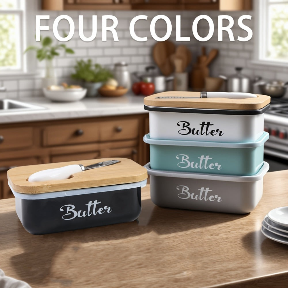 Butter Dish with Bamboo Lid & Knife, Iron Airtight Butter Keeper & Cheese Storage Box ¡ª Large Capacity Kitchen Counter Butter Container | Holiday Gift | Black, Gray, Green