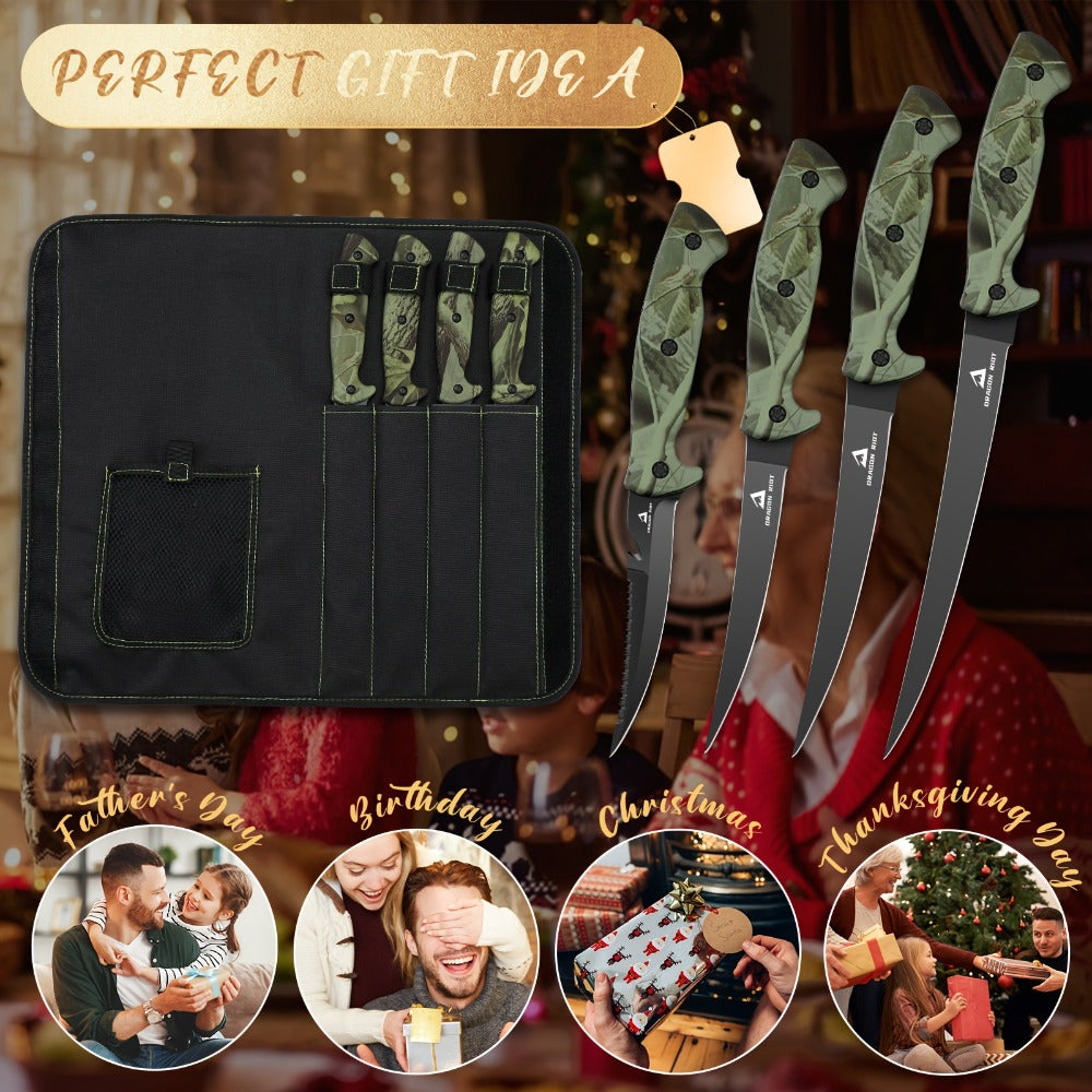 Fish Fillet Knife Set 4 Piece Ultra Sharp Stainless Steel Boning Knives with Storage Bag and Sharpener for Freshwater Saltwater Fishing