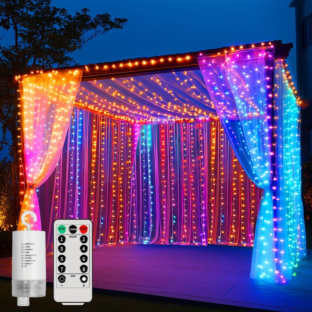 Curtain Lights for Gazebo Outdoor, 330 LED 10ft x 10ft Waterfall Fairy Lights Battery Operated with Remote, IP65 Waterproof Hanging String Lights with 8 Modes for Bedroom Porch Patio Wedding Decoration