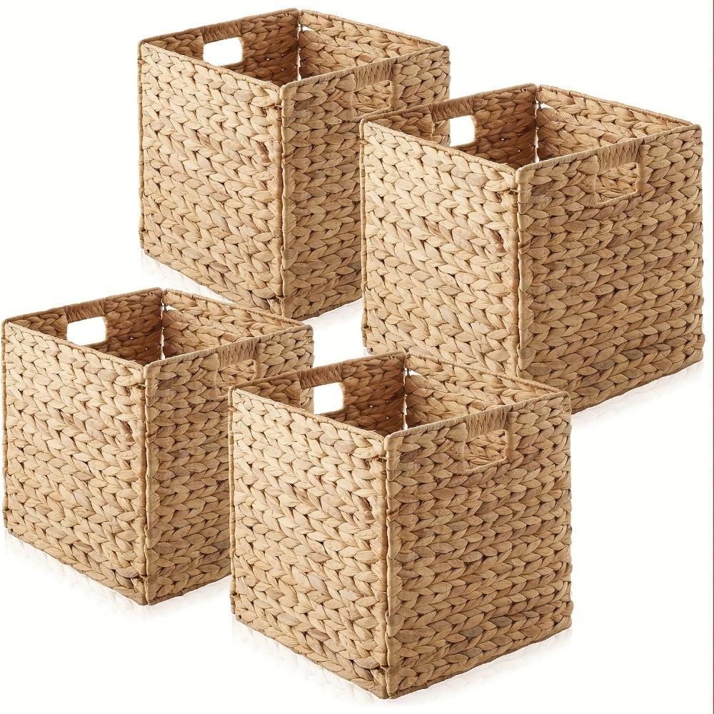 Water Hyacinth Storage Baskets 11in - Handwoven Stackable Cube Baskets for Shelves Closet Laundry, Natural Wicker Organizer Bins