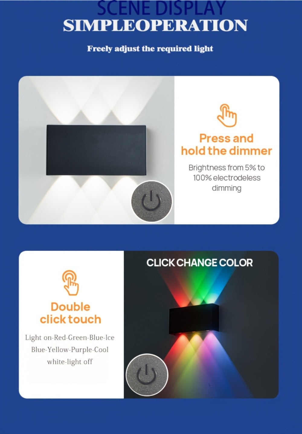 RGB Wall Light 2 Pack Battery Powered - Seven Color Gradient Dimming Night Light with Touch Switch | Festive Atmosphere Lamp for Bedroom, Hallway & Living Room Decoration