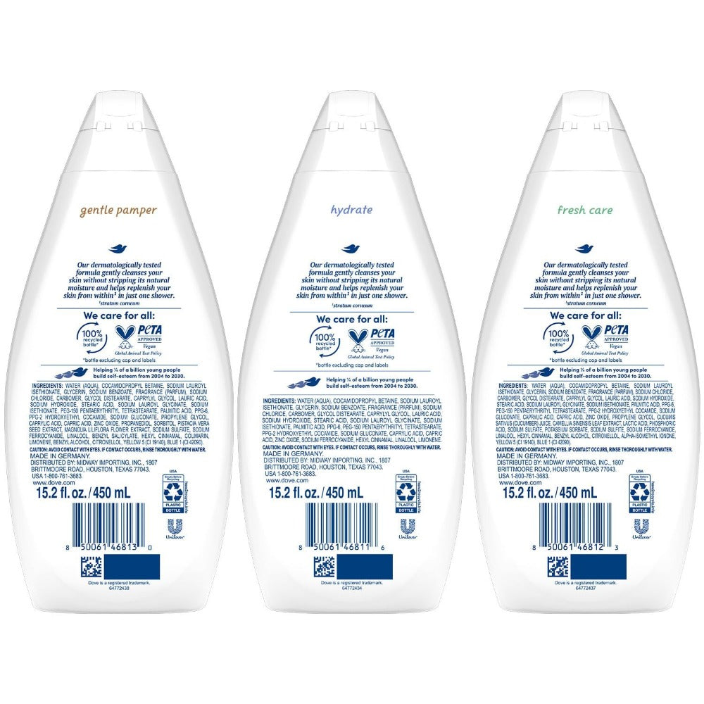 Dove Body Wash 3ct Variety Mix Pack 450ml 15.2 fl oz Each Moisturizing Nourishing Shower Gel Set for Soft Smooth Skin Men Women Daily Use