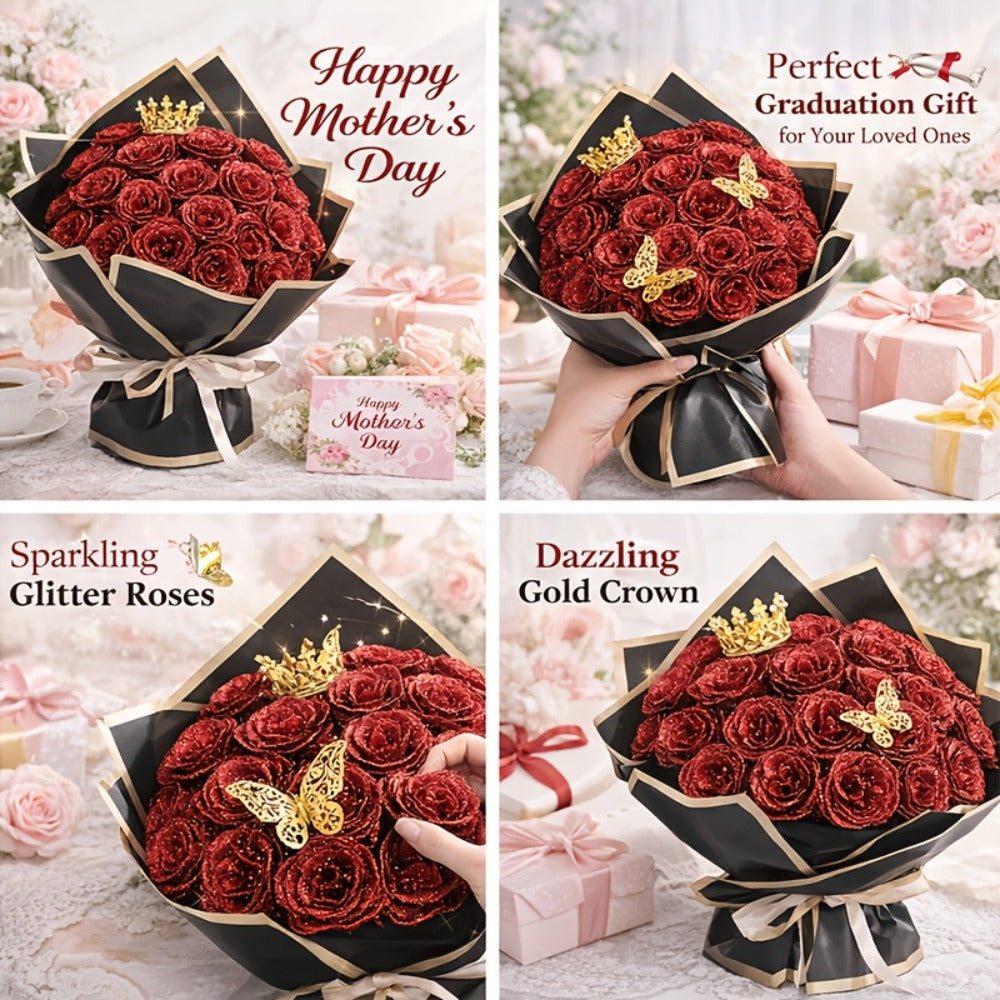 Glitter Roses Bouquet 24/36pcs - Everlasting Artificial Roses with Sparkling Glitter Petals for Valentine's Day, Wedding & Anniversary