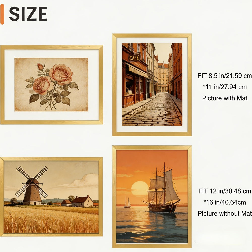 Picture Frame Set of 5 ¨C 12x16 Inch Gallery Wall Photo Frames, Display 8.5x11 with Mat or 12x16 Without Mat | HD Cover, Horizontal & Vertical Hanging | Golden Wall Collage Frame Set for Home & Office